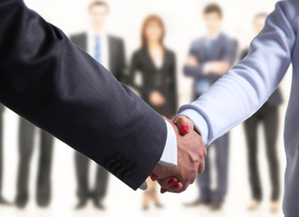 Business handshake. Two businessman shaking hands with each other in the office