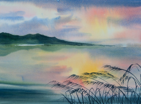 Beautiful lake with colorful sky, watercolor painting