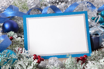 Blank Christmas card with blue envelope
