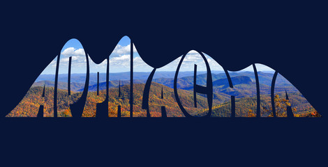 Stylized text forming a picture of the Appalachian Mountains in autumn