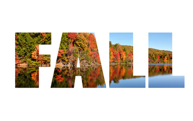Large bold text spelling out the word fall with autumn scenics inside the letters