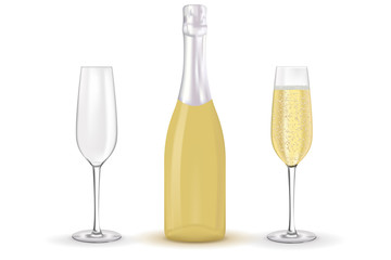 Bottle of champagne and a glass with sparking wine. 