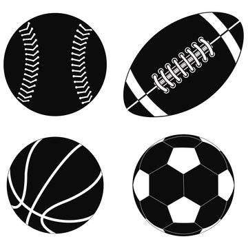 Basketball ball, Baseball ball, American football ball, Soccer ball. 