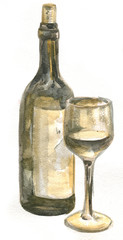 Wine. The glass and bottle. Watercolor painting