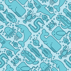 seamless pattern of stylized fishes, whales, sharks, dolphins and other sea life.