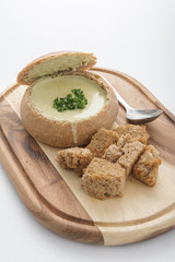 Clam chowder in sourdough bread bowl