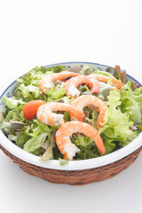 Prawn salad. Healthy Shrimp Salad with mixed greens and tomatoes