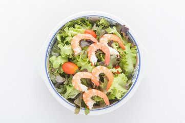 Prawn salad. Healthy Shrimp Salad with mixed greens and tomatoes