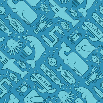 seamless pattern of stylized fishes, whales, sharks, dolphins and other sea life.