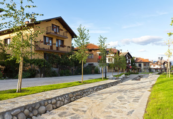 Street and mountain view in Bansko, Bulgaria