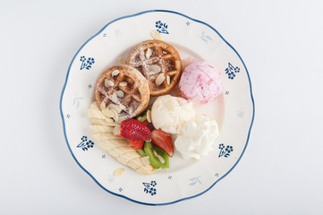 Waffles with ice cream and fruits