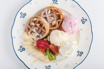 Waffles with ice cream and fruits
