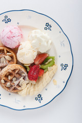 Waffles with ice cream and fruits