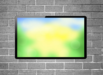Blank screen LCD tv with bright nature hanging on a wall