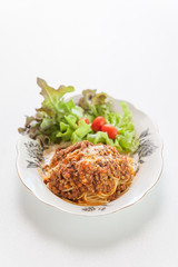 Spaghetti Bolognese with Parmesan Cheese and Basil