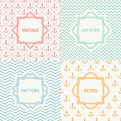 Set of mono line marine geometric seamless pattern with anchor. Vintage frames in red, green, blue, gold. Wrapping paper. Background. Texture for greeting cards, wedding invitations. Labels, badges