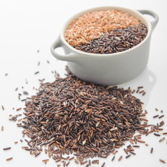 Three variety of rice: wild rice, red rice, and white rice. Shallow DOF