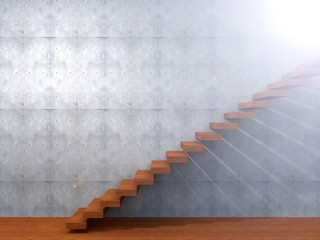 Concept or conceptual brown wood or wooden stair or steps near a wall