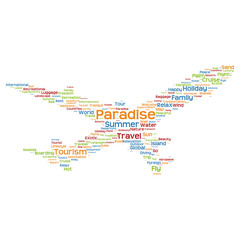 Concept or conceptual colorful plane silhouette travel tourism text word cloud