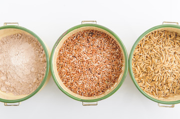 Three variety of rice: wild rice, red rice, and white rice. Shal