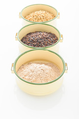 Three variety of rice: wild rice, red rice, and white rice. Shal