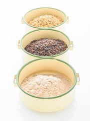 Three variety of rice: wild rice, red rice, and white rice. Shal