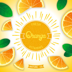 Sunny fruity composition with retro label and orange slices around. Fresh vitamins