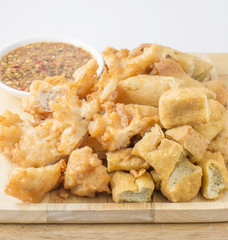 Fried noodle roll, fried Tofu and crispy fried corn ball ,Vegetarian food