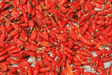 Hot dried red chillies as a textured food background.