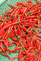 Hot dried red chillies as a textured food background.