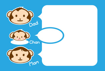 猿の家族（はがきテンプレート）父、母、赤ちゃん-ブルー+白背景