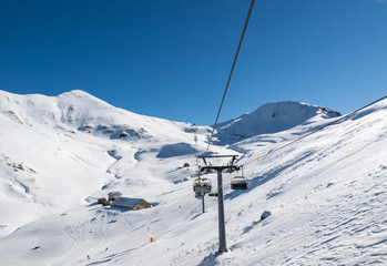 Skiing area in the Dolomites Alps. Overlooking the Sella group  in Val Gardena. Italy