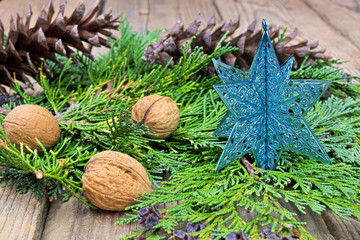 Blue Christmas Star on green pine needles