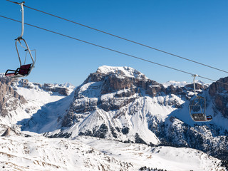Skiing area in the Dolomites Alps. Overlooking the Sella group  in Val Gardena. Italy