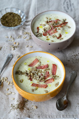 Creamy Zucchini Soup with Bacon and Sunflower Seeds