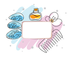 Vector Spa Frame - paper label as frame and hand drawn spa stones, massage oil, flower, comb on watercolor brush strokes, blue and pink. Stylish beauty frame, page design, flyer, design element.