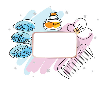 Vector Spa Frame - paper label as frame and hand drawn spa stones, massage oil, flower, comb on watercolor brush strokes, blue and pink. Stylish beauty frame, page design, flyer, design element.
