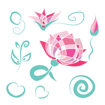 Lotus floral set - pink lotus flowers, turquoise branches, leaves, swirls. Abstract lotus. Hand drawn vector elements for spa logo design, banner, invitation, card. Isolated on white. Eps 10.