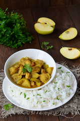 Chicken Curry with Rice on the Plate, Indian Cuisine