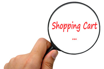 Shopping cart word. Magnifier and puzzles.