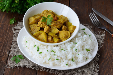 Chicken Curry with Rice on the Plate, Indian Cuisine