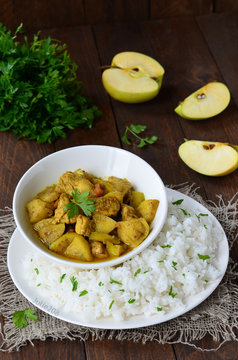 Chicken Curry with Rice on the Plate, Indian Cuisine