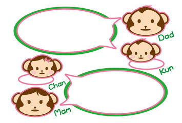 猿の家族（はがきテンプレート）父、母、息子、娘-ピンク枠+グリーン枠+白背景