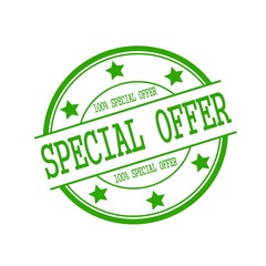 Special Offer stamp text on green circle on a white background and star