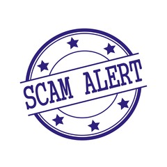 SCAM alert Blue-Black stamp text on Blue-Black circle on a white background and star