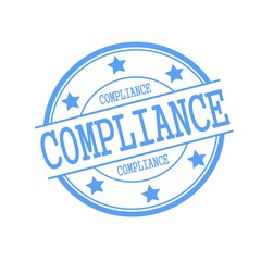 compliance blue stamp text on blue circle on a white background and star