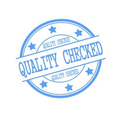 Quality checked blue stamp text on blue circle on a white background and star