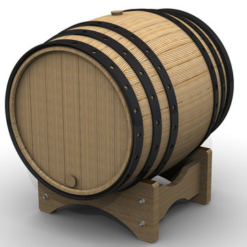 Wooden barrel on a stand. Isolated on white surface. The three-dimensional illustration