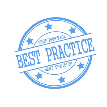 Best practice blue stamp text on blue circle on a white background and star