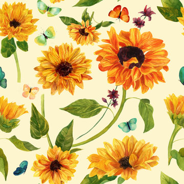 Vintage styled seamless watercolour sunflowers and butterflies pattern